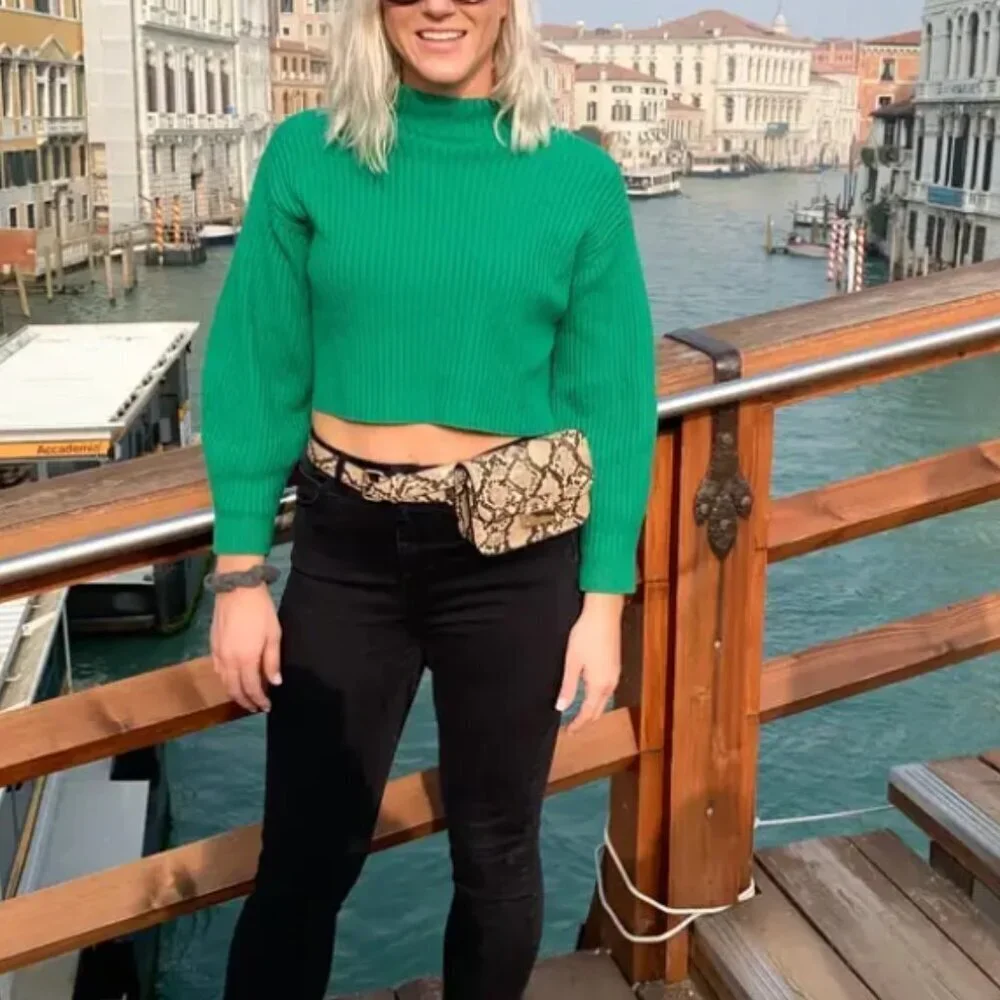 TIBI Sweater Green Wool Rib Cropped Pullover Mock Turtleneck XS
